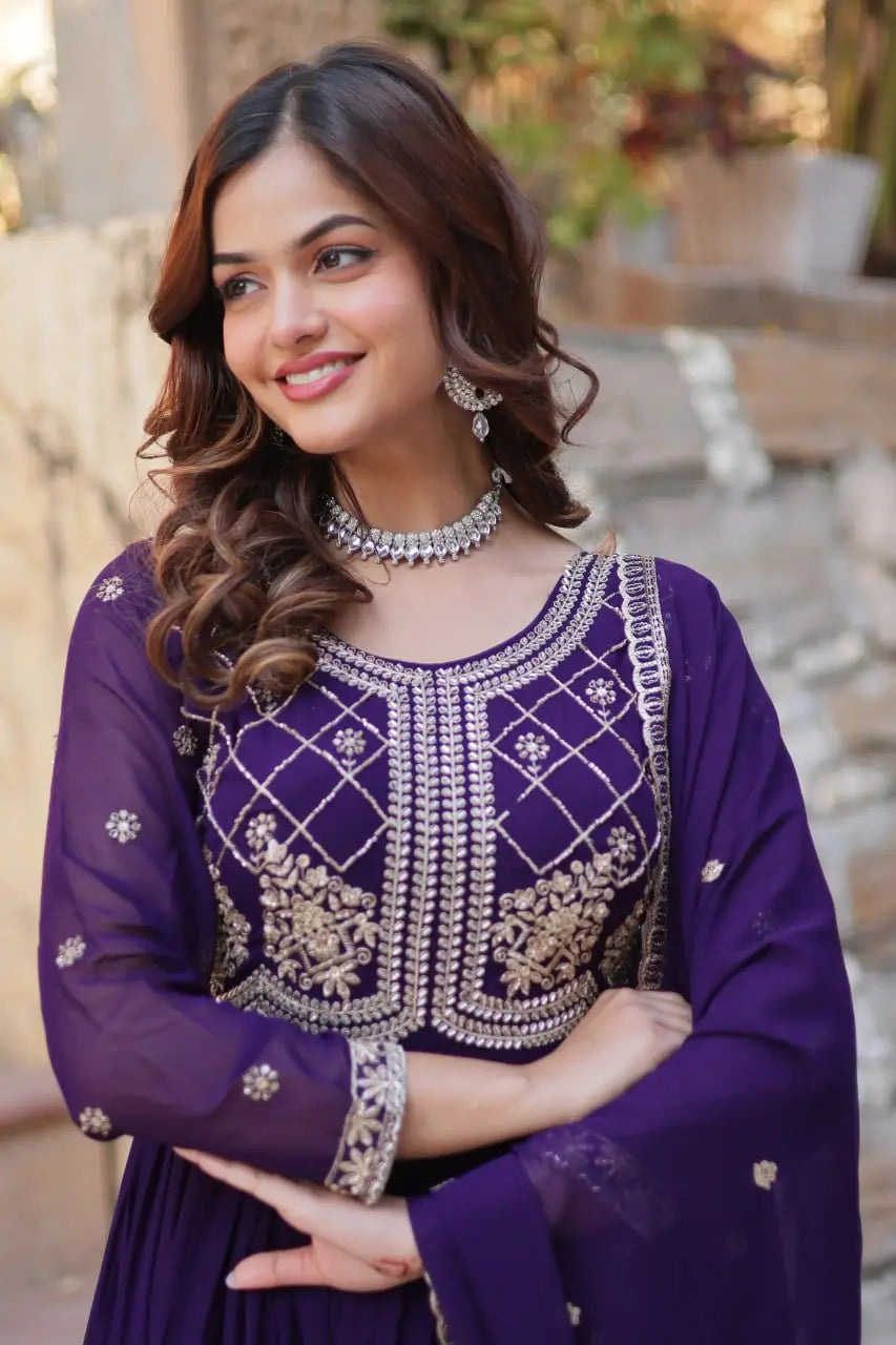 Faux Blooming Embroidered Party Wear Gown with Dupatta – Maroon & Purple