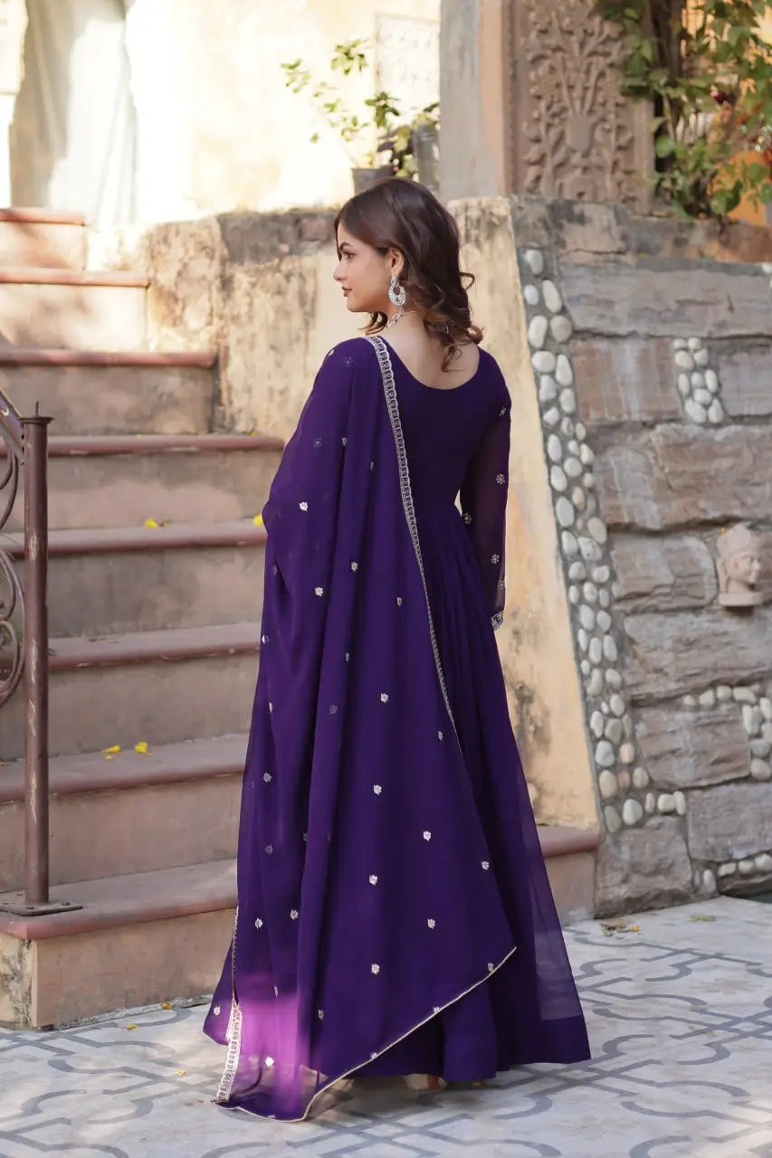 Faux Blooming Embroidered Party Wear Gown with Dupatta – Maroon & Purple