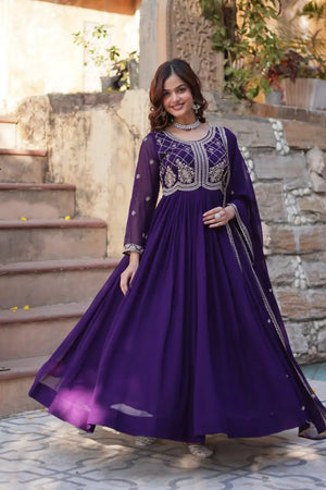 Faux Blooming Embroidered Party Wear Gown with Dupatta – Maroon & Purple