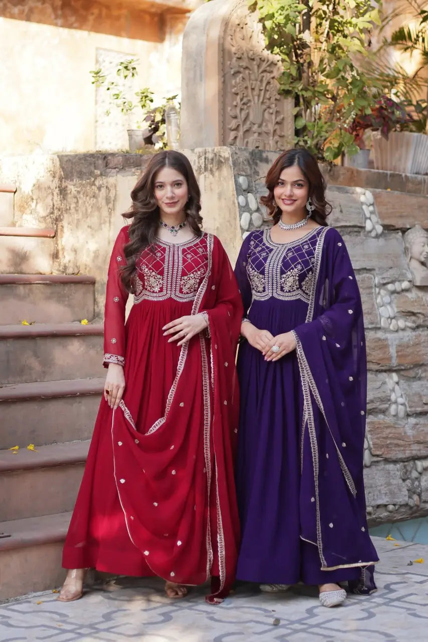 Faux Blooming Embroidered Party Wear Gown with Dupatta – Maroon & Purple