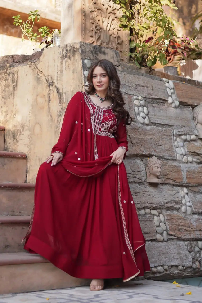 Faux Blooming Embroidered Party Wear Gown with Dupatta – Maroon & Purple