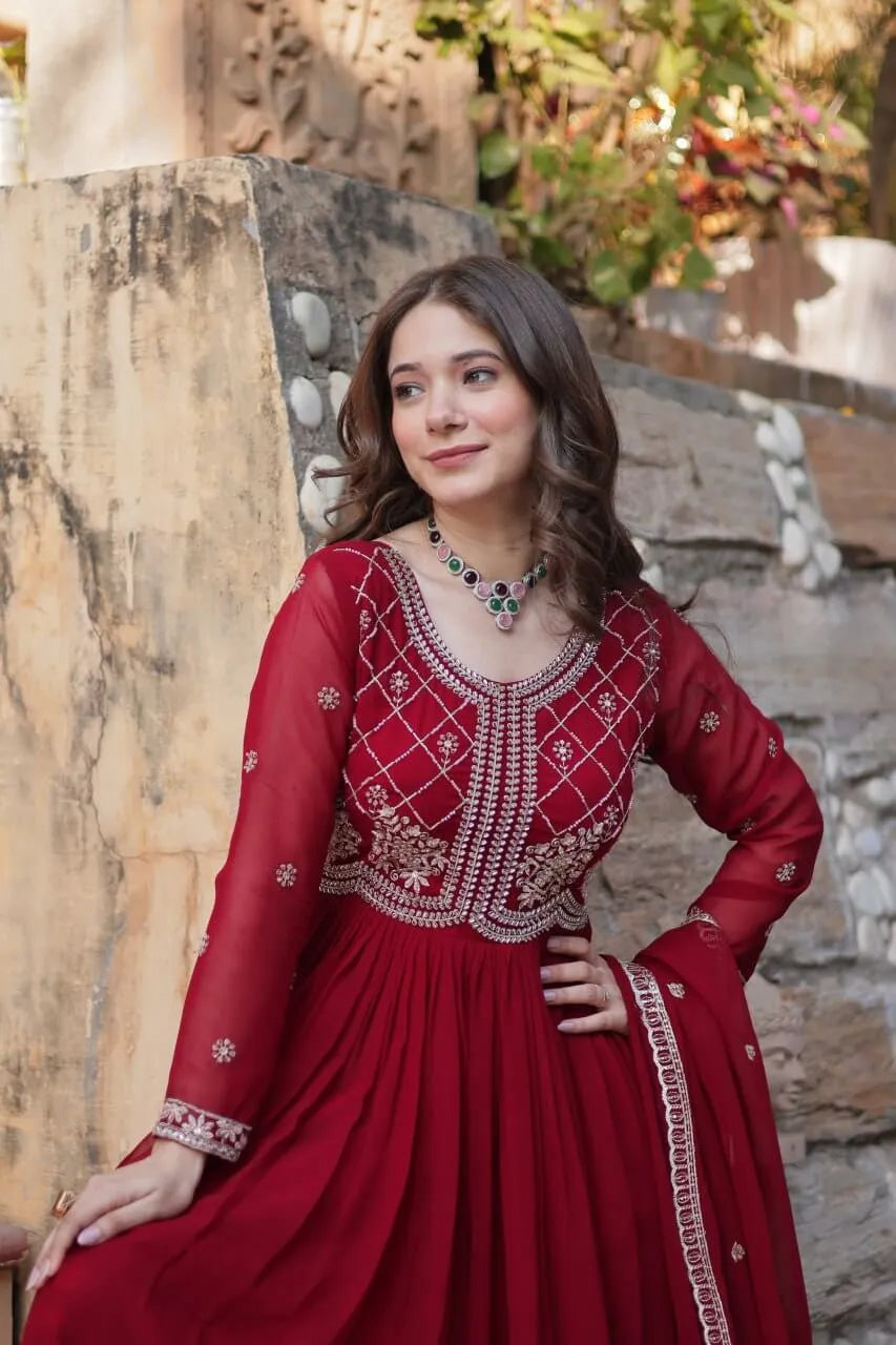 Faux Blooming Embroidered Party Wear Gown with Dupatta – Maroon & Purple
