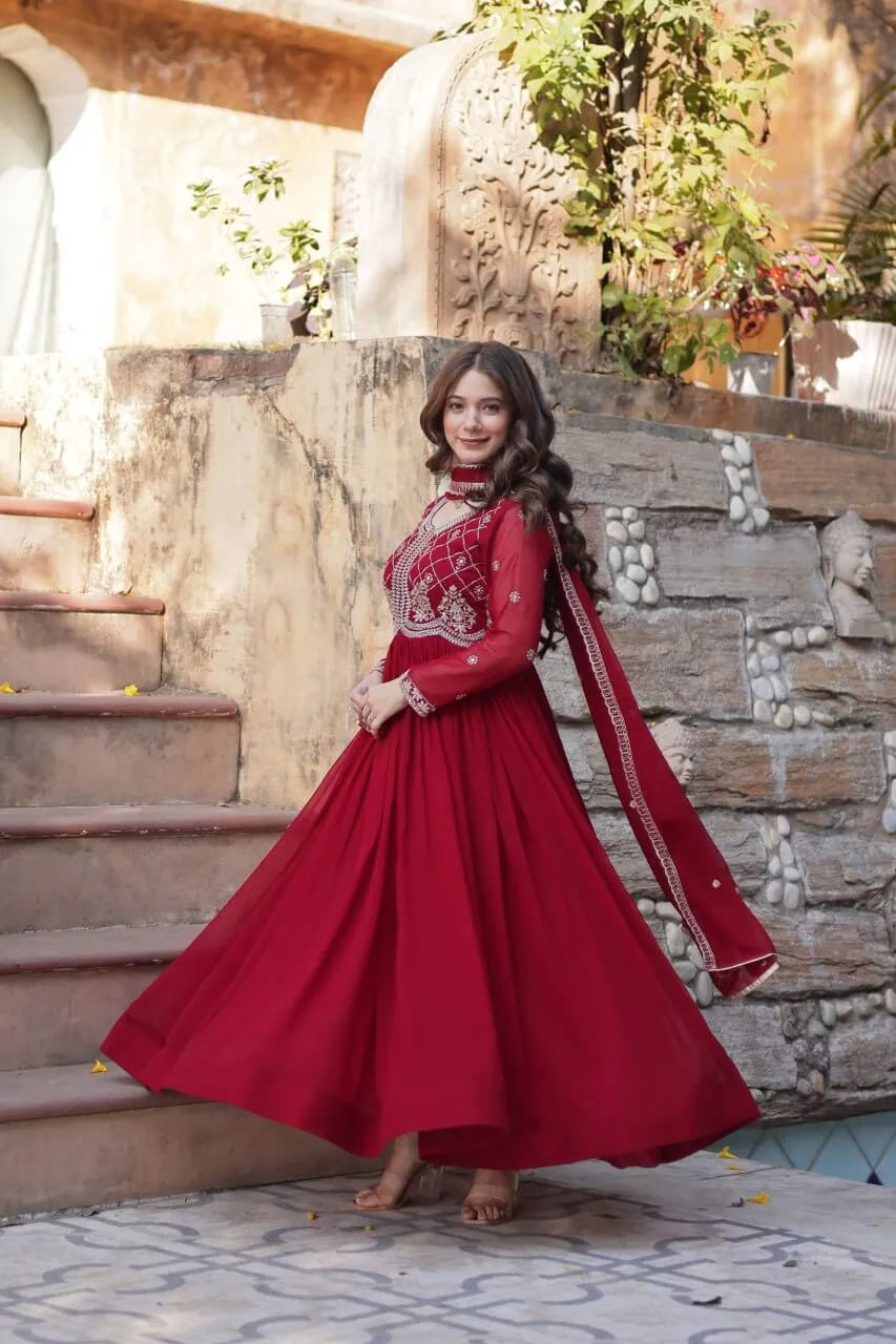 Faux Blooming Embroidered Party Wear Gown with Dupatta – Maroon & Purple