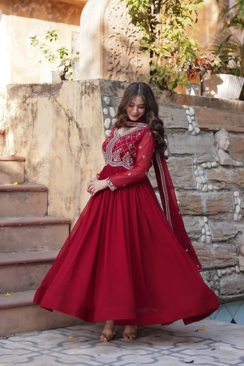 Faux Blooming Embroidered Party Wear Gown with Dupatta – Maroon & Purple