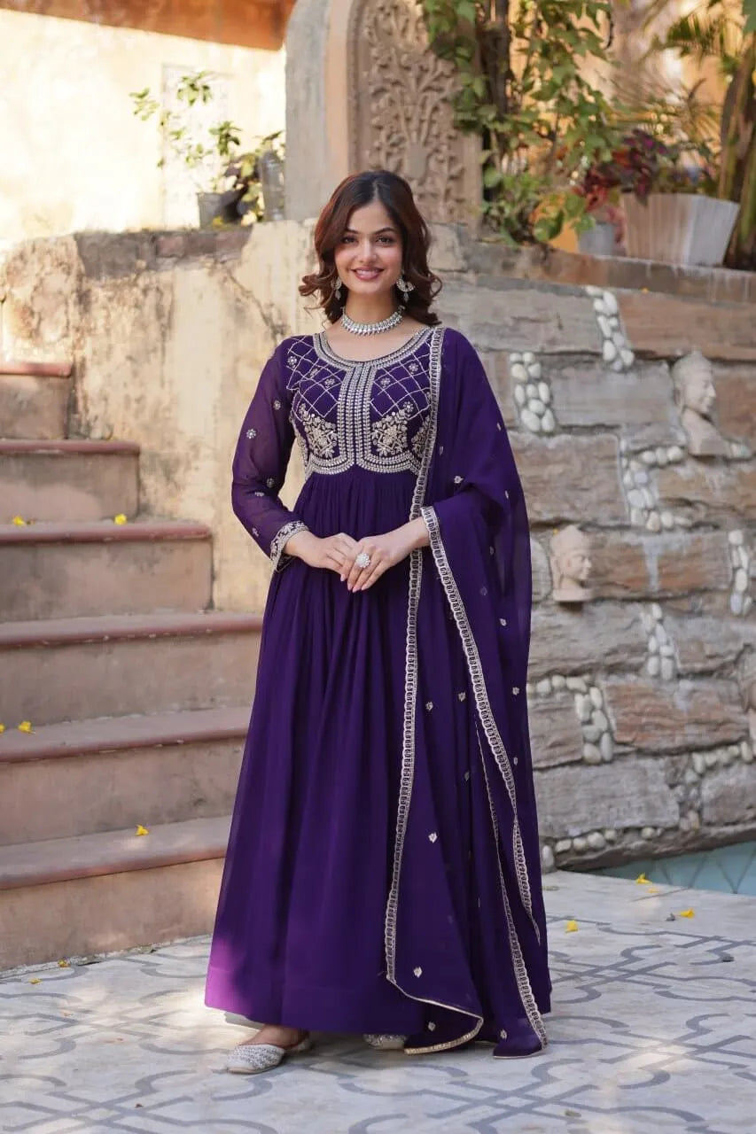 Faux Blooming Embroidered Party Wear Gown with Dupatta – Maroon & Purple