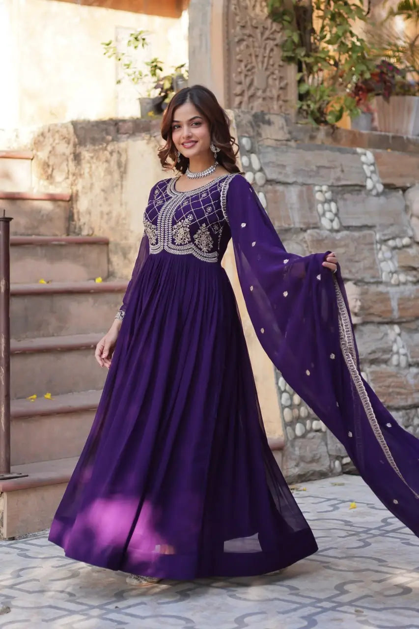 Faux Blooming Embroidered Party Wear Gown with Dupatta – Maroon & Purple