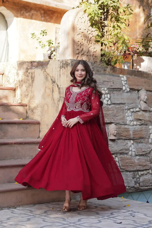 Faux Blooming Embroidered Party Wear Gown with Dupatta – Maroon & Purple