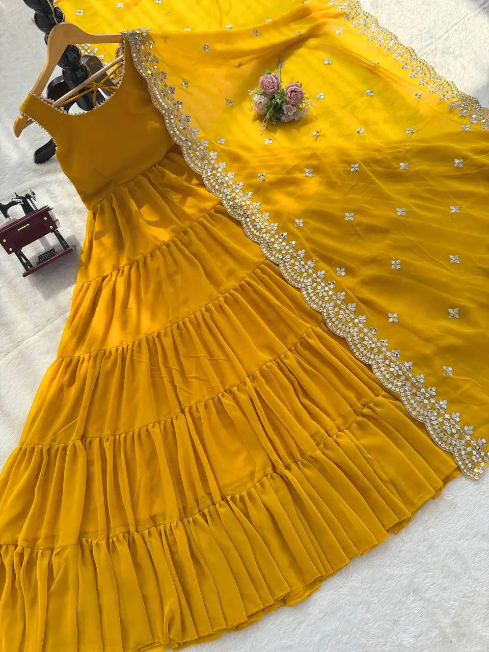 Faux Georgette Anarkali with Lace Work and Dupatta