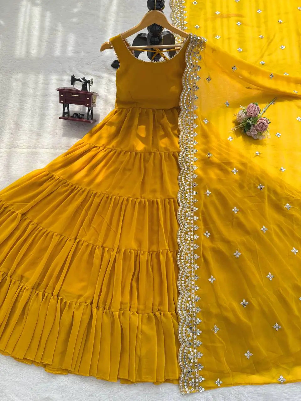 Faux Georgette Anarkali with Lace Work and Dupatta