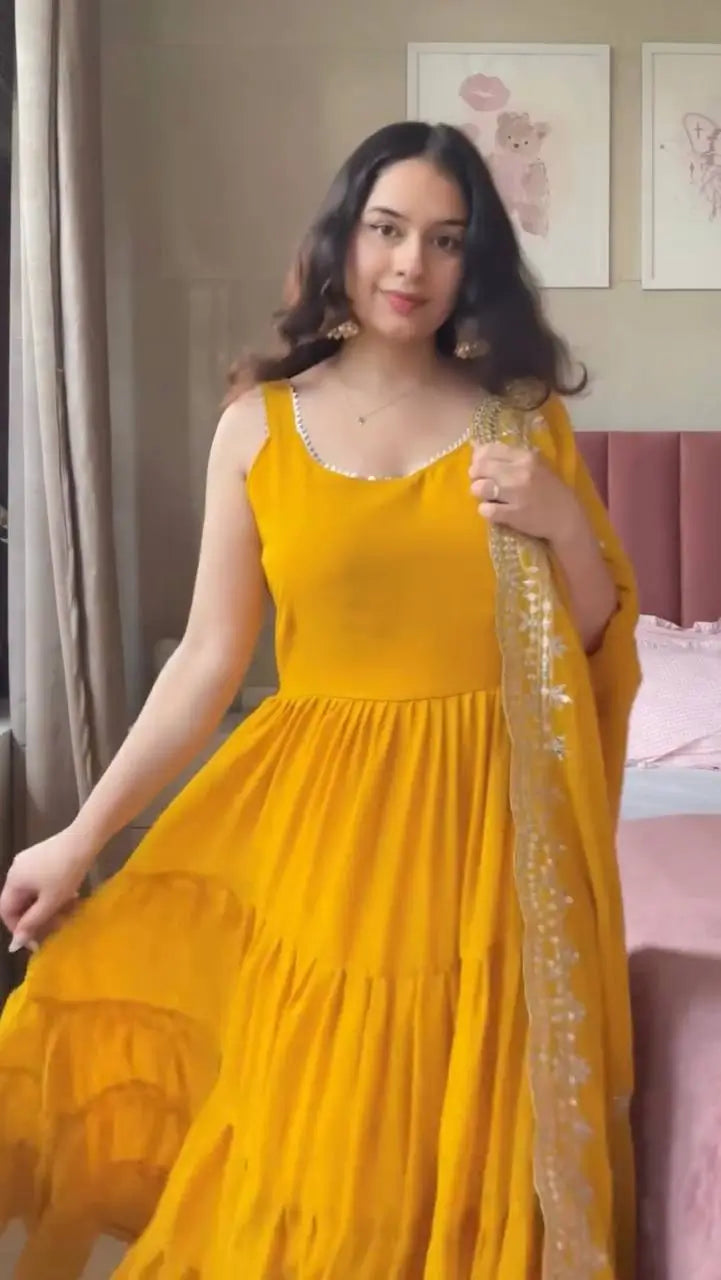 Faux Georgette Anarkali with Lace Work and Dupatta