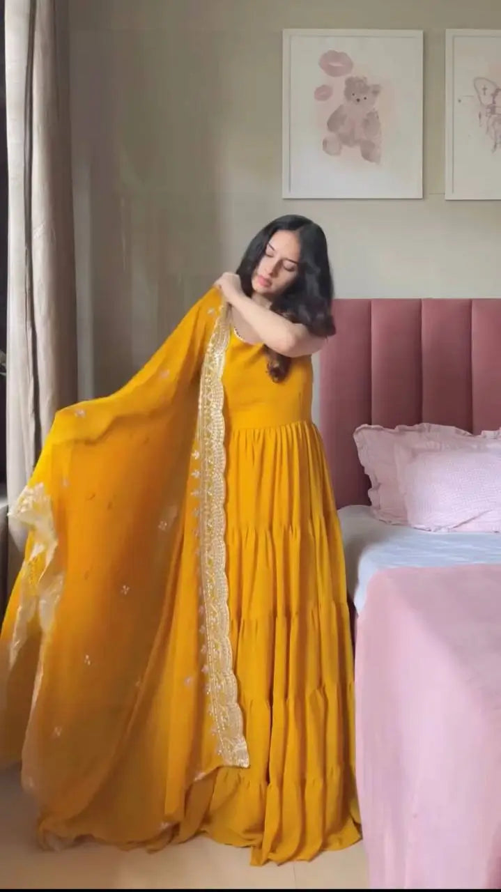 Faux Georgette Anarkali with Lace Work and Dupatta