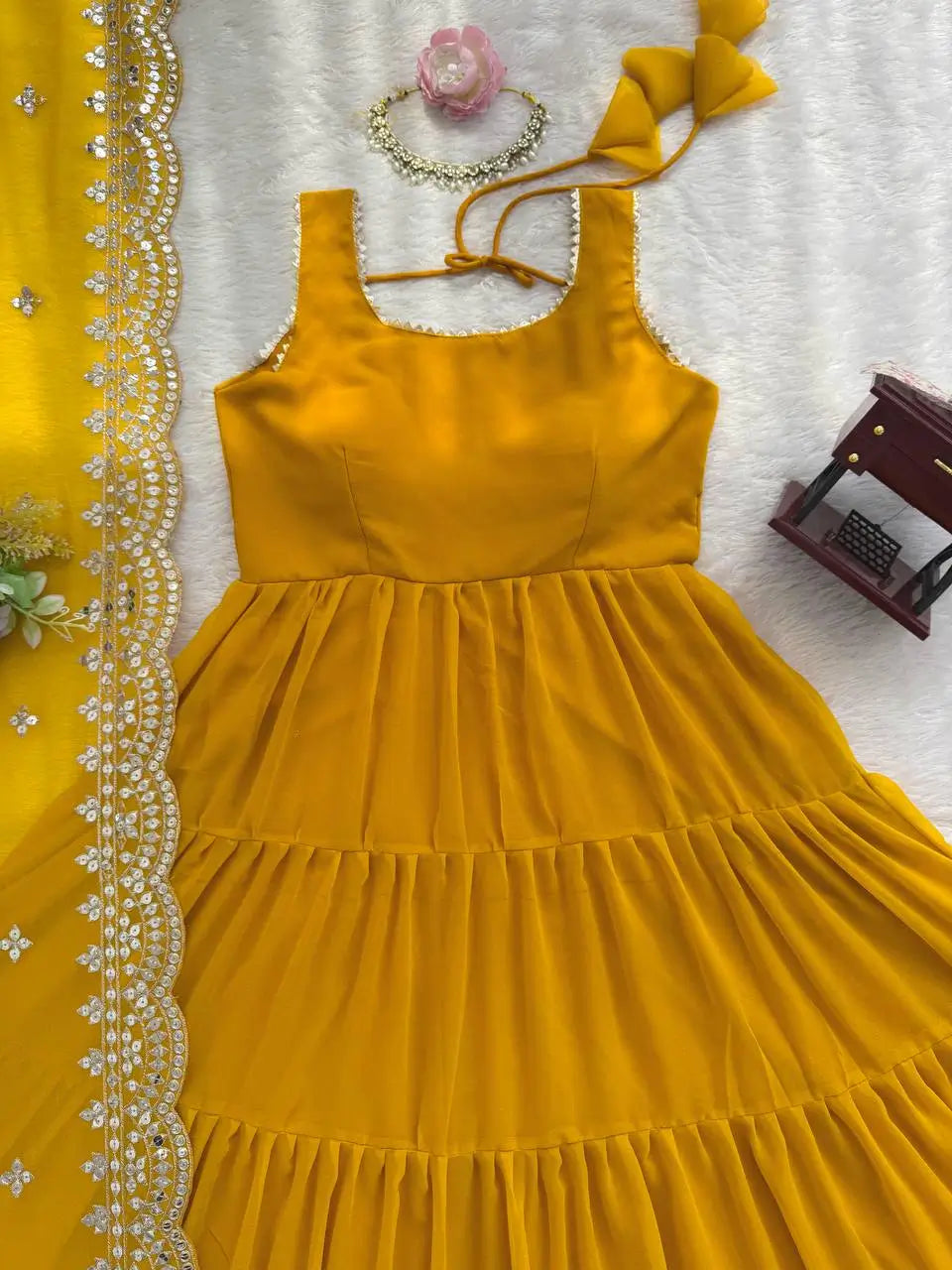 Faux Georgette Anarkali with Lace Work and Dupatta