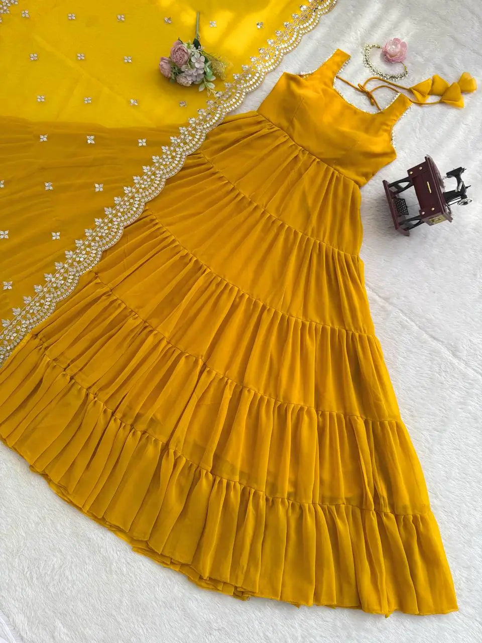 Faux Georgette Anarkali with Lace Work and Dupatta