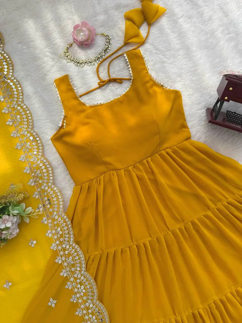 Faux Georgette Anarkali with Lace Work and Dupatta