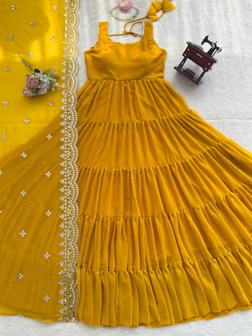 Faux Georgette Anarkali with Lace Work and Dupatta