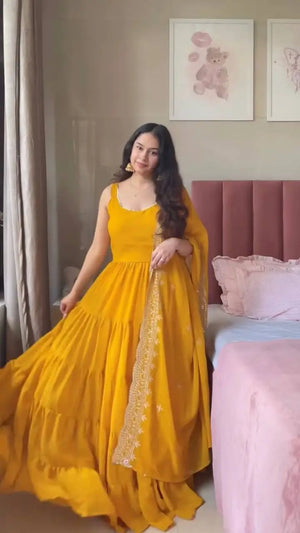 Faux Georgette Anarkali with Lace Work and Dupatta