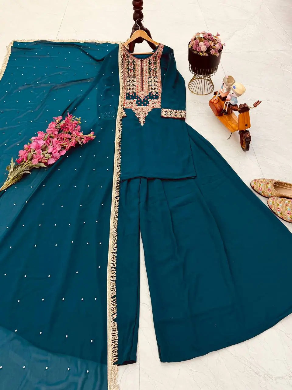 Faux Georgette Cording Embroidery Sharara Set