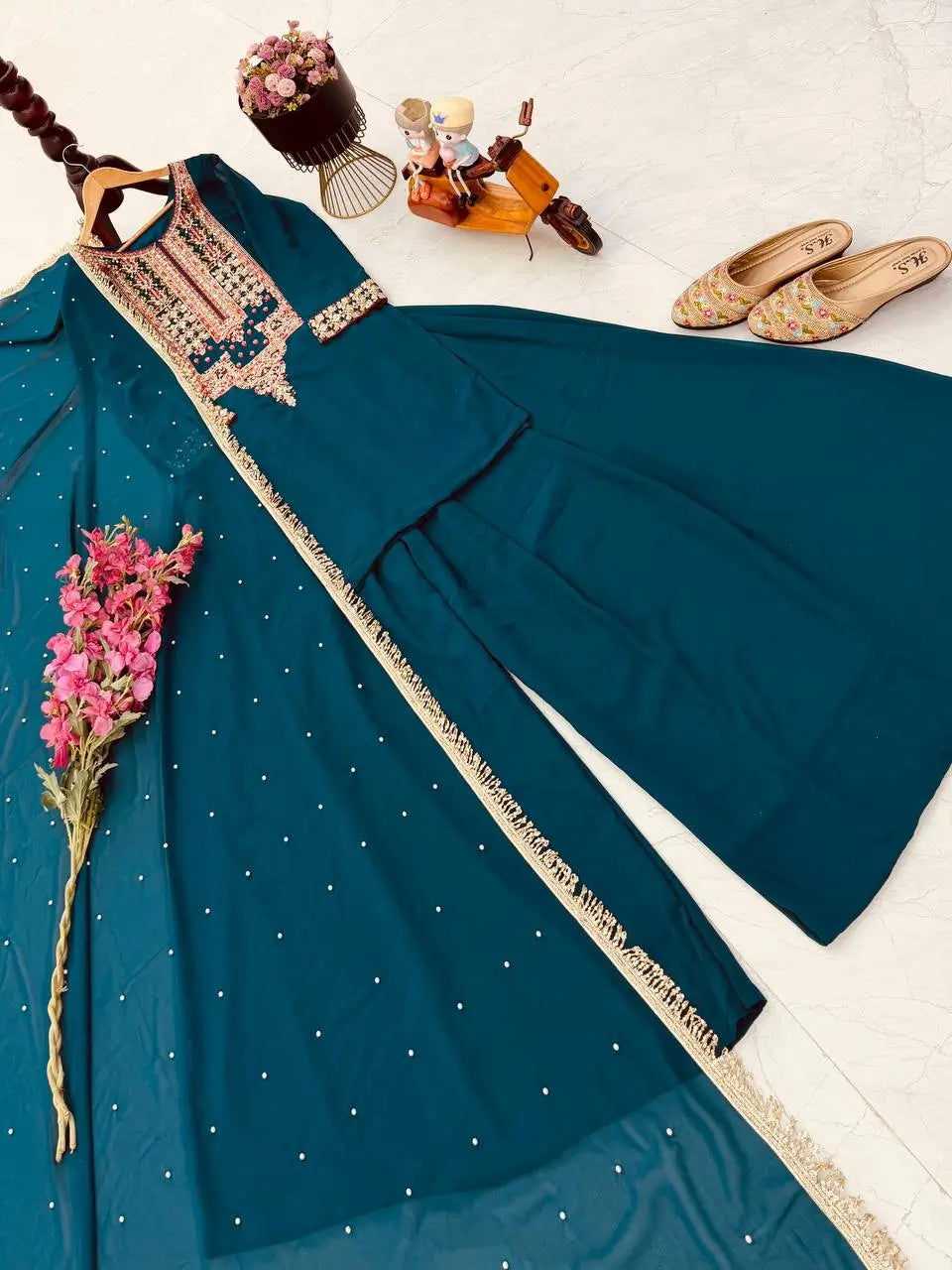Faux Georgette Cording Embroidery Sharara Set