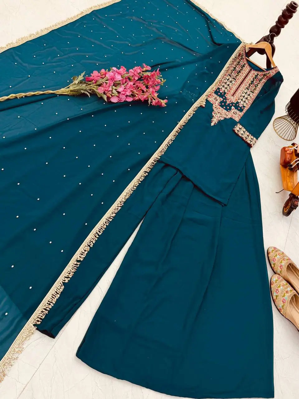 Faux Georgette Cording Embroidery Sharara Set