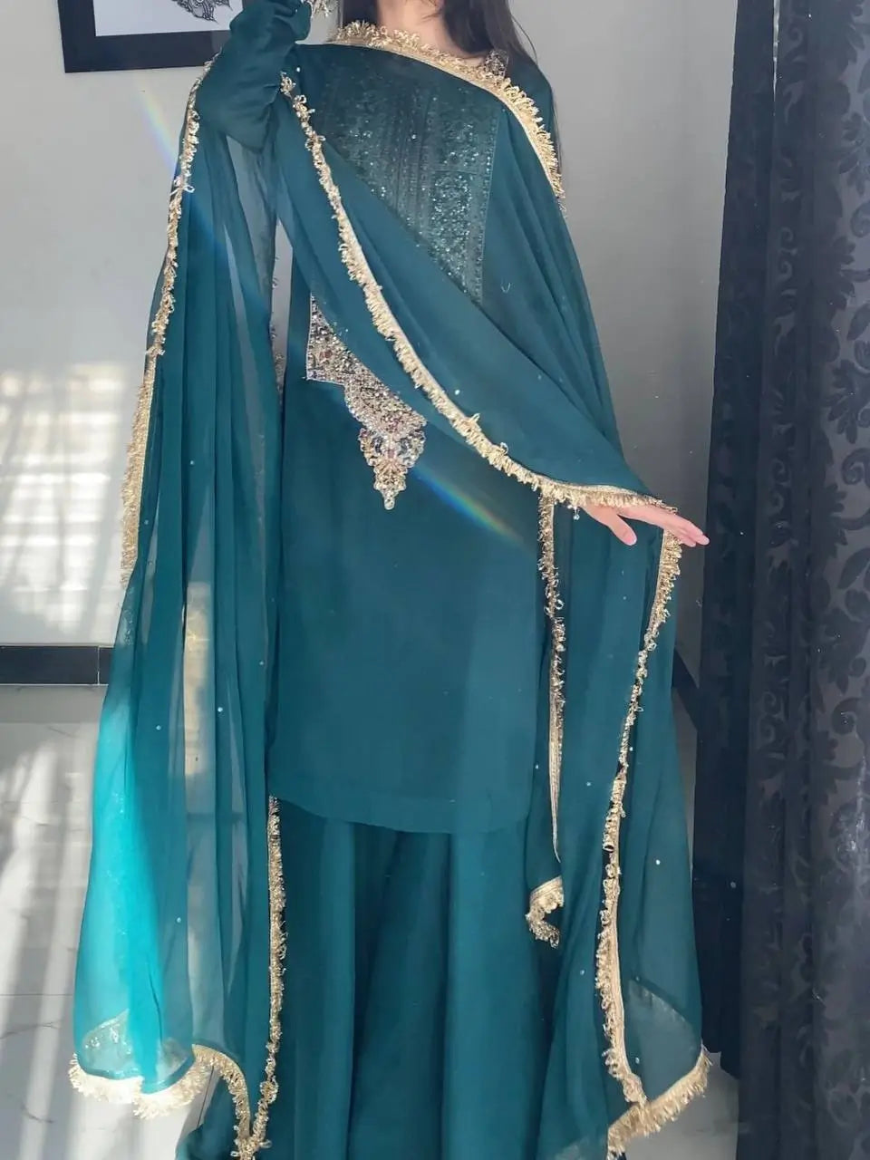 Faux Georgette Cording Embroidery Sharara Set