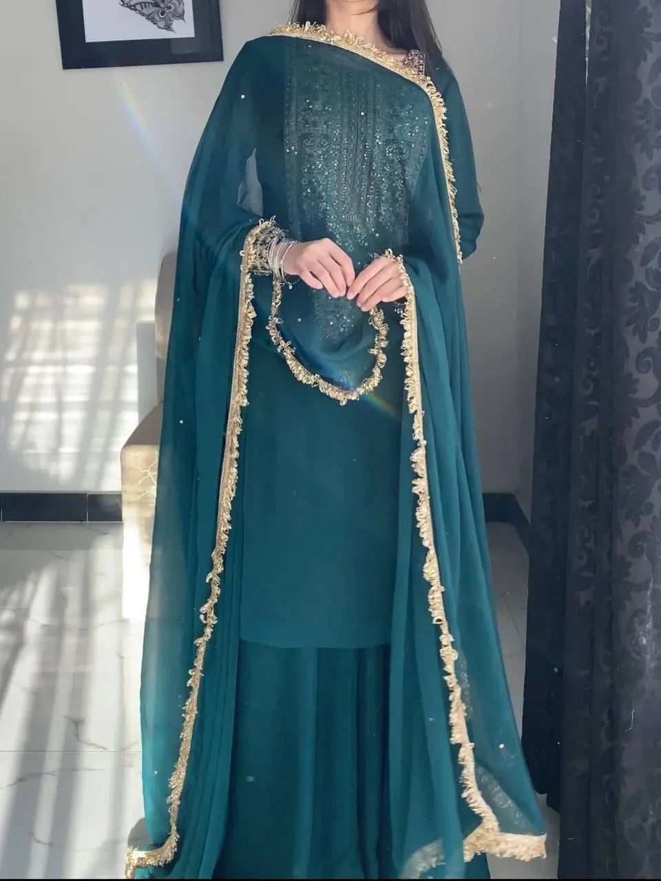 Faux Georgette Cording Embroidery Sharara Set