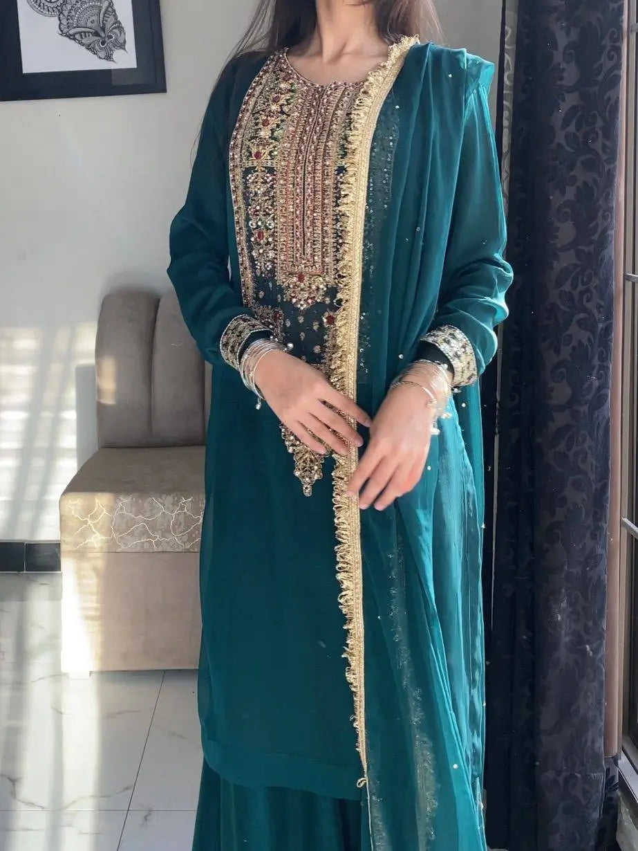 Faux Georgette Cording Embroidery Sharara Set