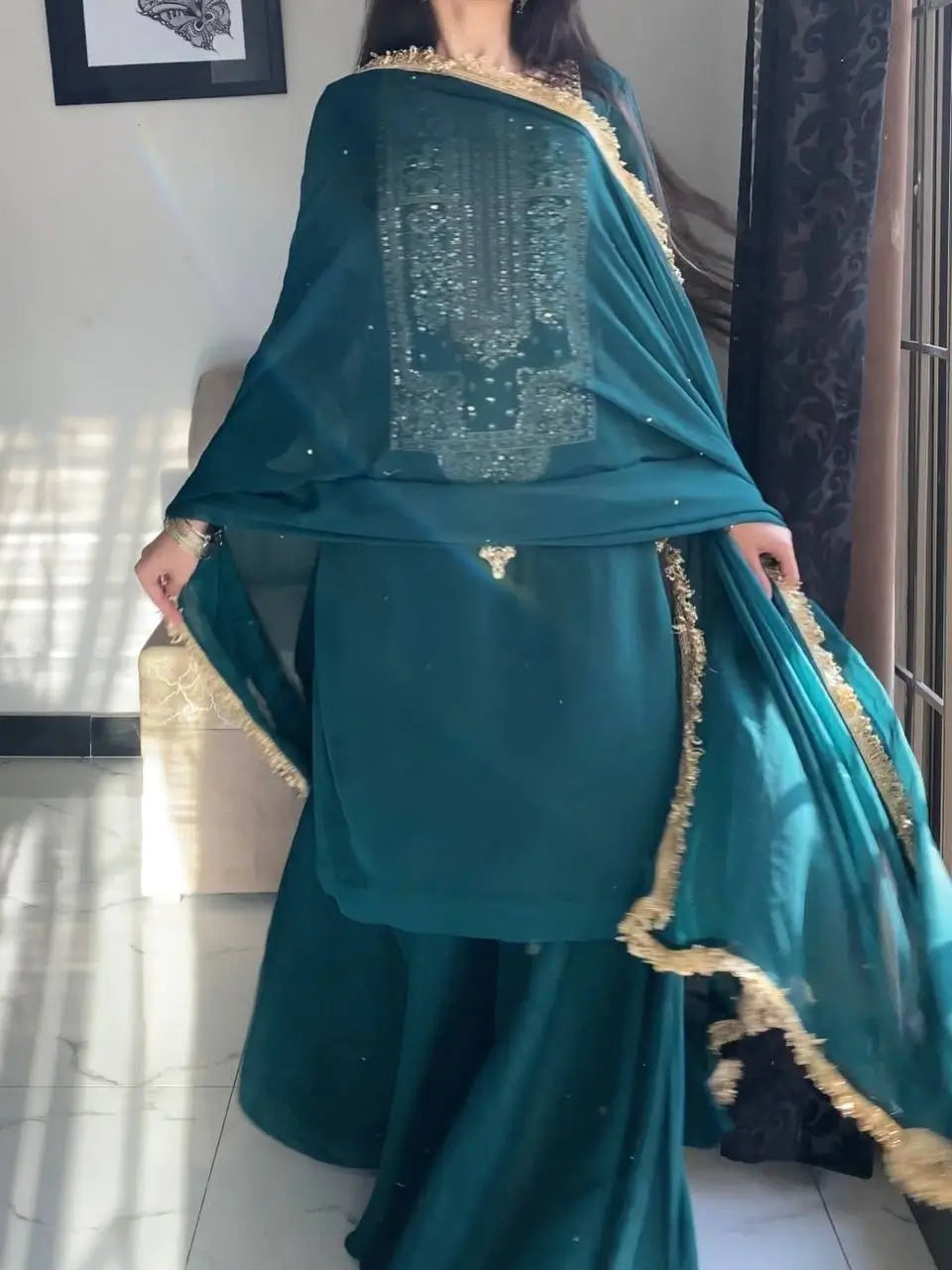 Faux Georgette Cording Embroidery Sharara Set
