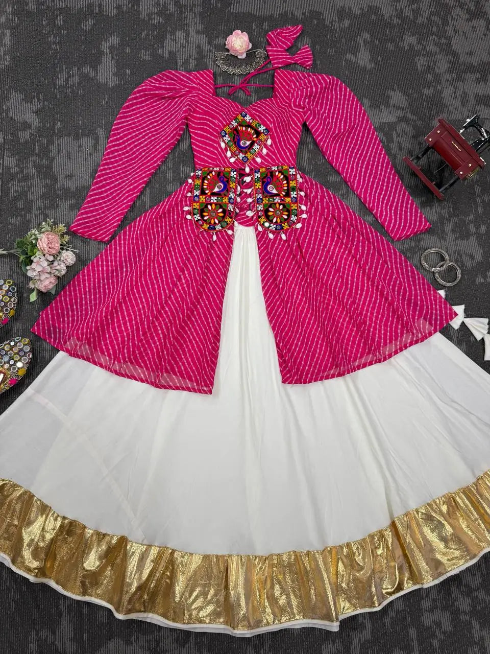 Faux Georgette Designer Codi and Thread Work Top with Butter Silk Lehenga Set