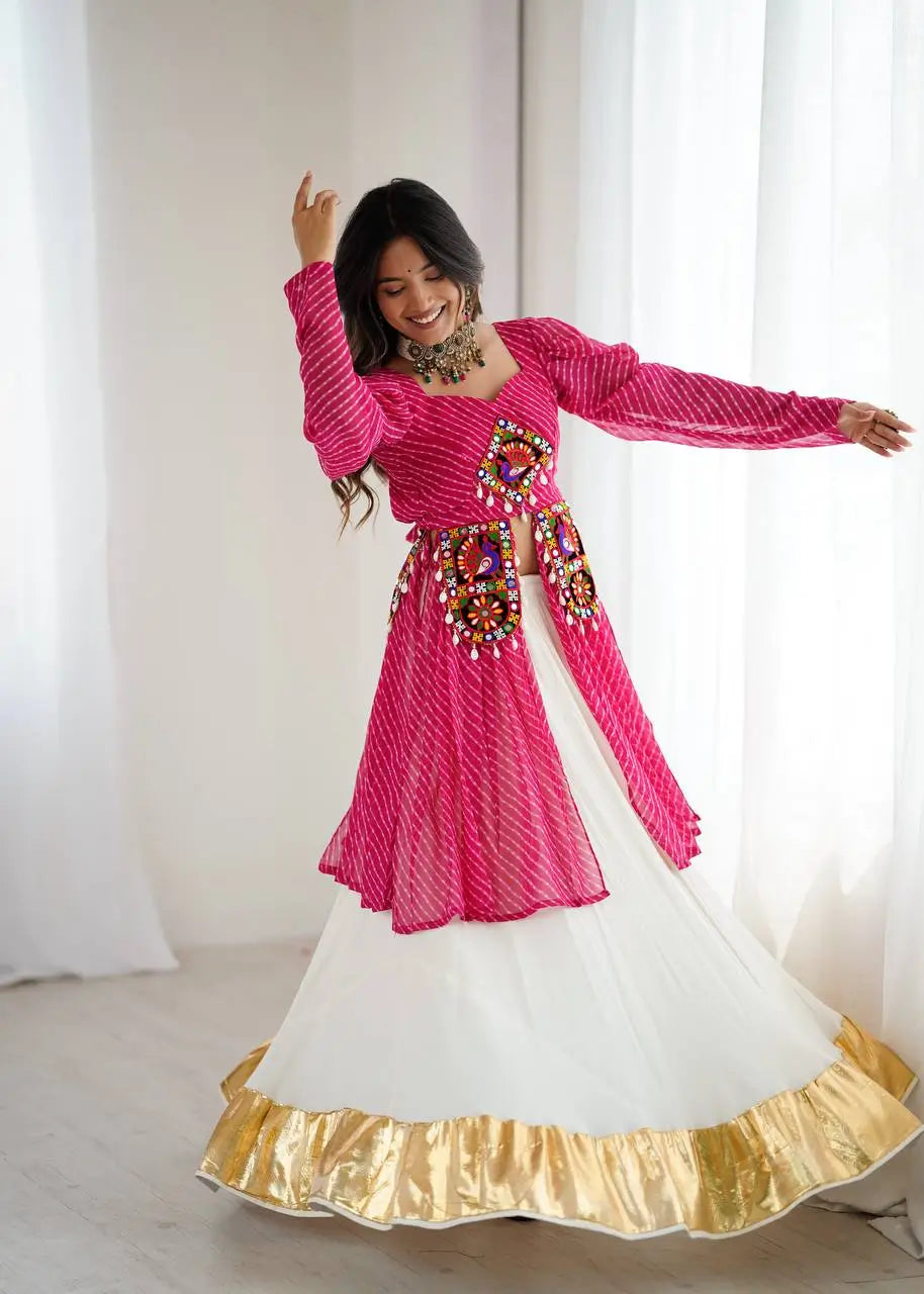 Faux Georgette Designer Codi and Thread Work Top with Butter Silk Lehenga Set