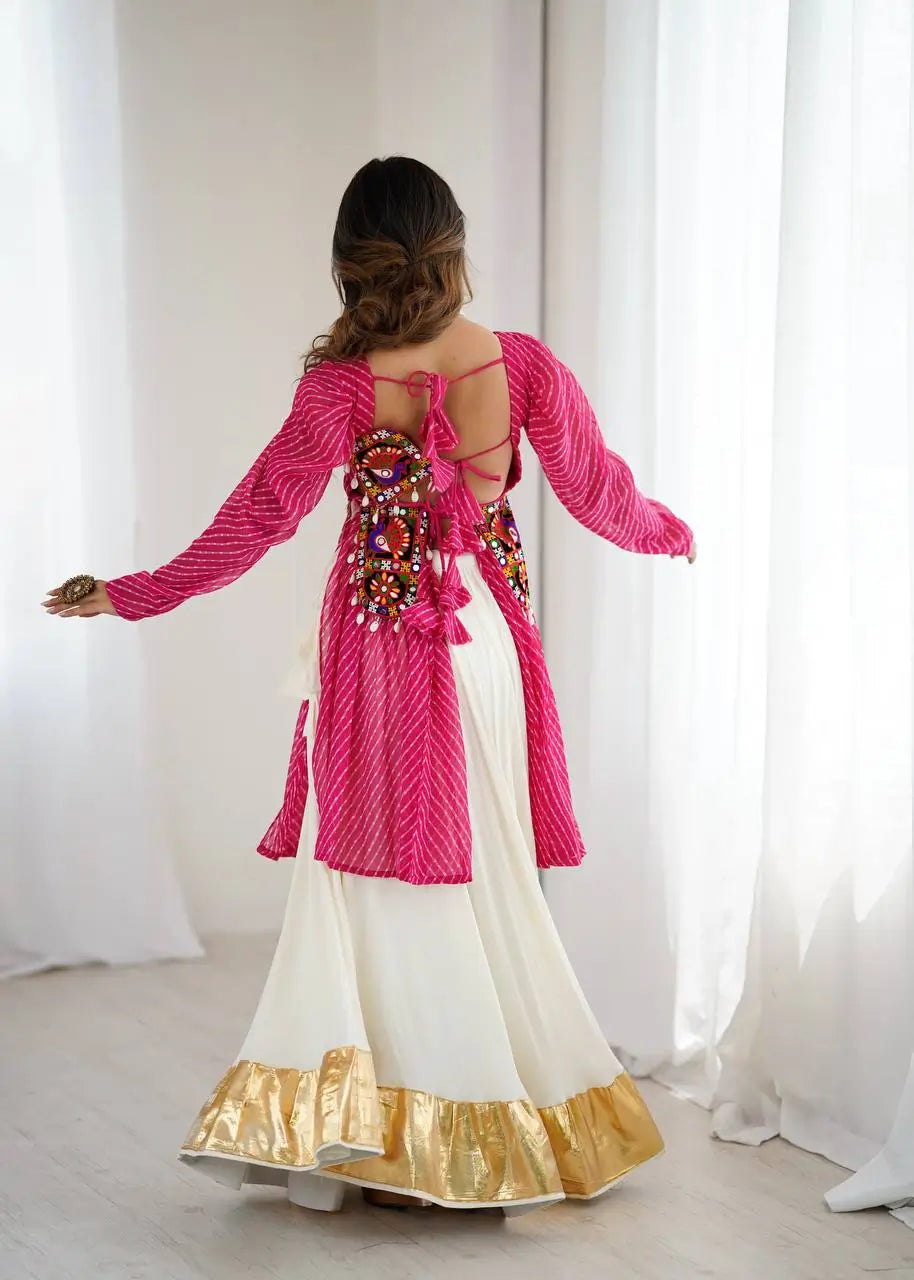 Faux Georgette Designer Codi and Thread Work Top with Butter Silk Lehenga Set