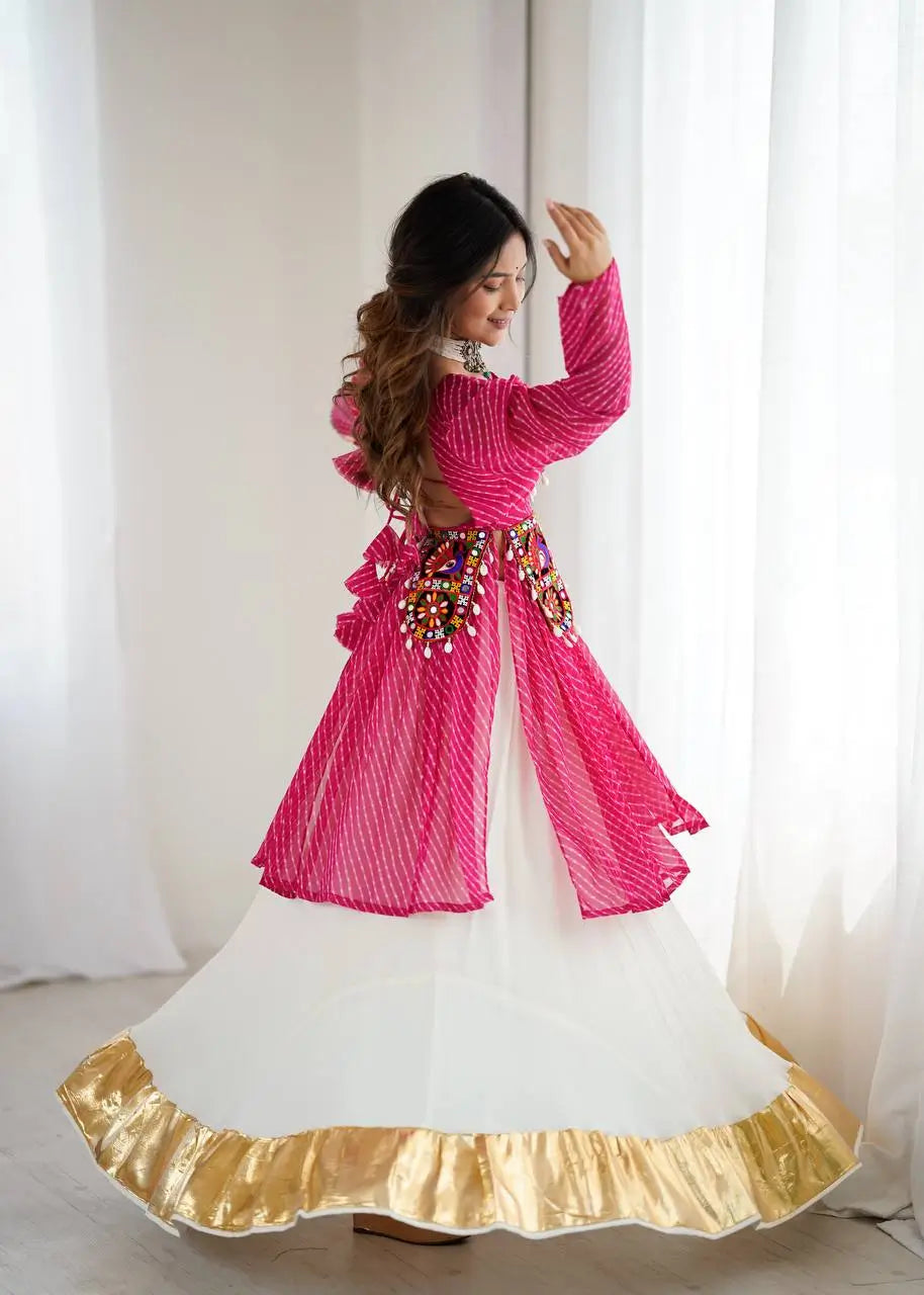 Faux Georgette Designer Codi and Thread Work Top with Butter Silk Lehenga Set