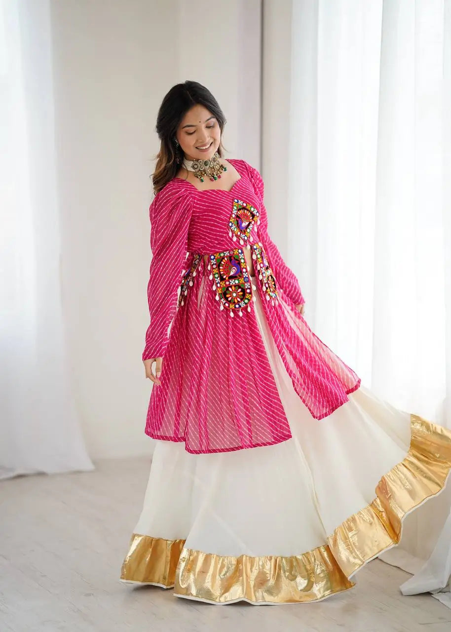 Faux Georgette Designer Codi and Thread Work Top with Butter Silk Lehenga Set