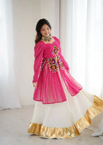 Faux Georgette Designer Codi and Thread Work Top with Butter Silk Lehenga Set