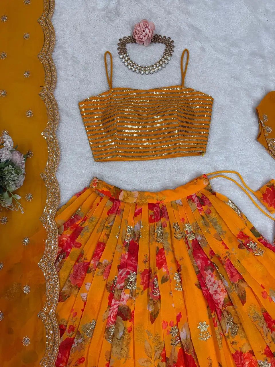 Faux Georgette Digital Print Embroidered Lehenga Choli Set