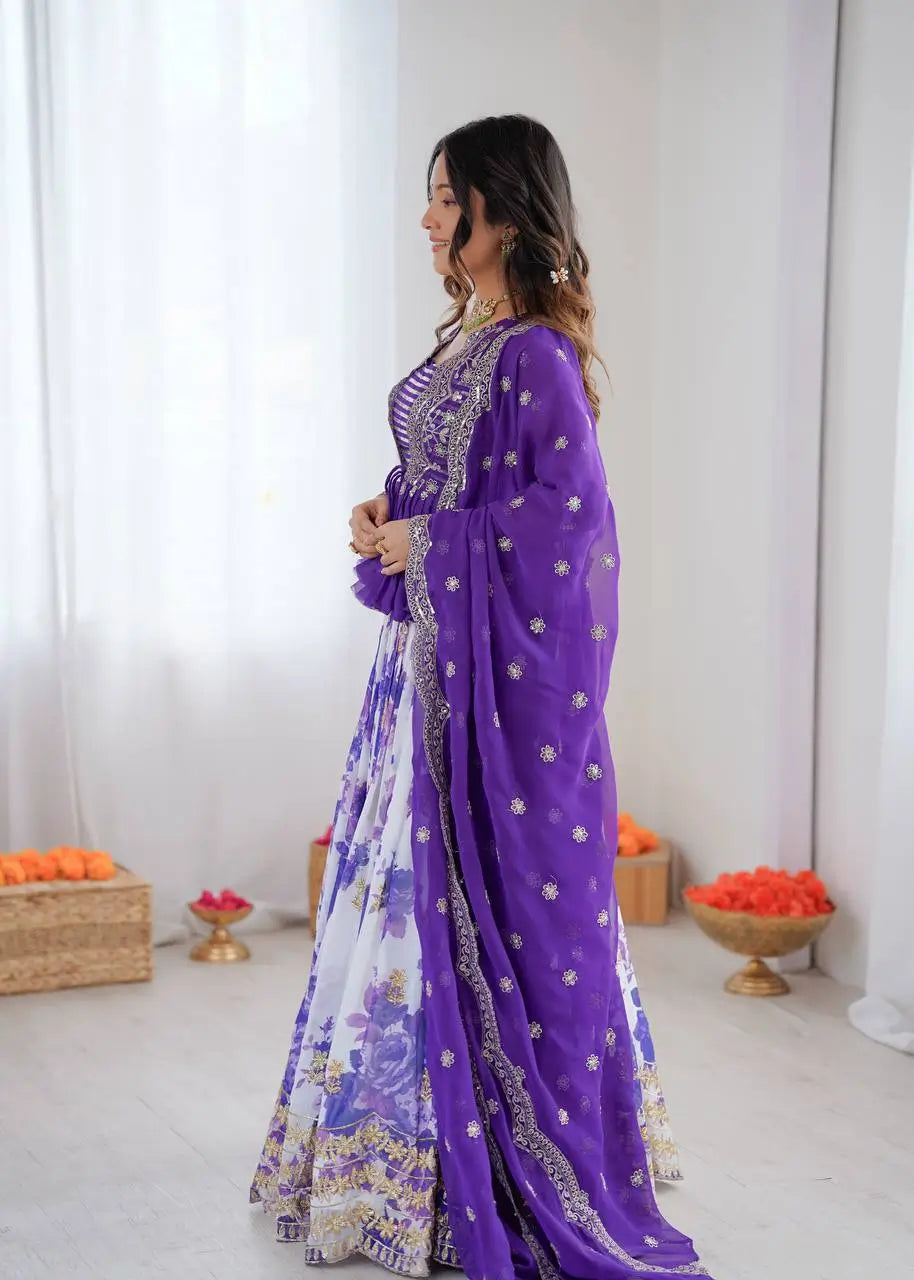 Faux Georgette Digital Print Embroidered Lehenga Choli Set