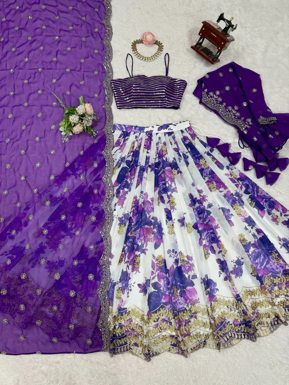 Faux Georgette Digital Print Embroidered Lehenga Choli Set