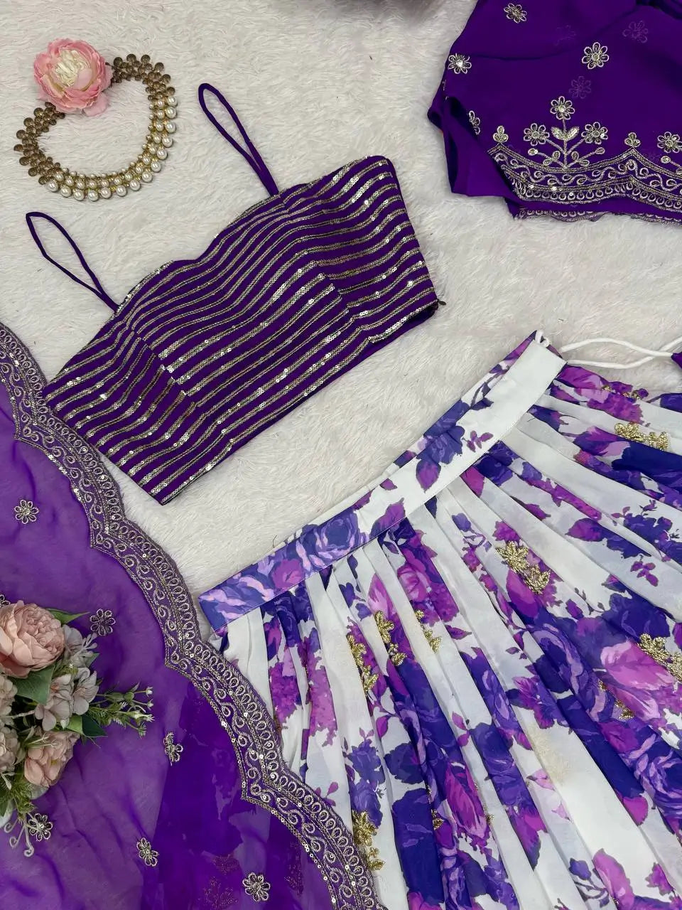 Faux Georgette Digital Print Embroidered Lehenga Choli Set