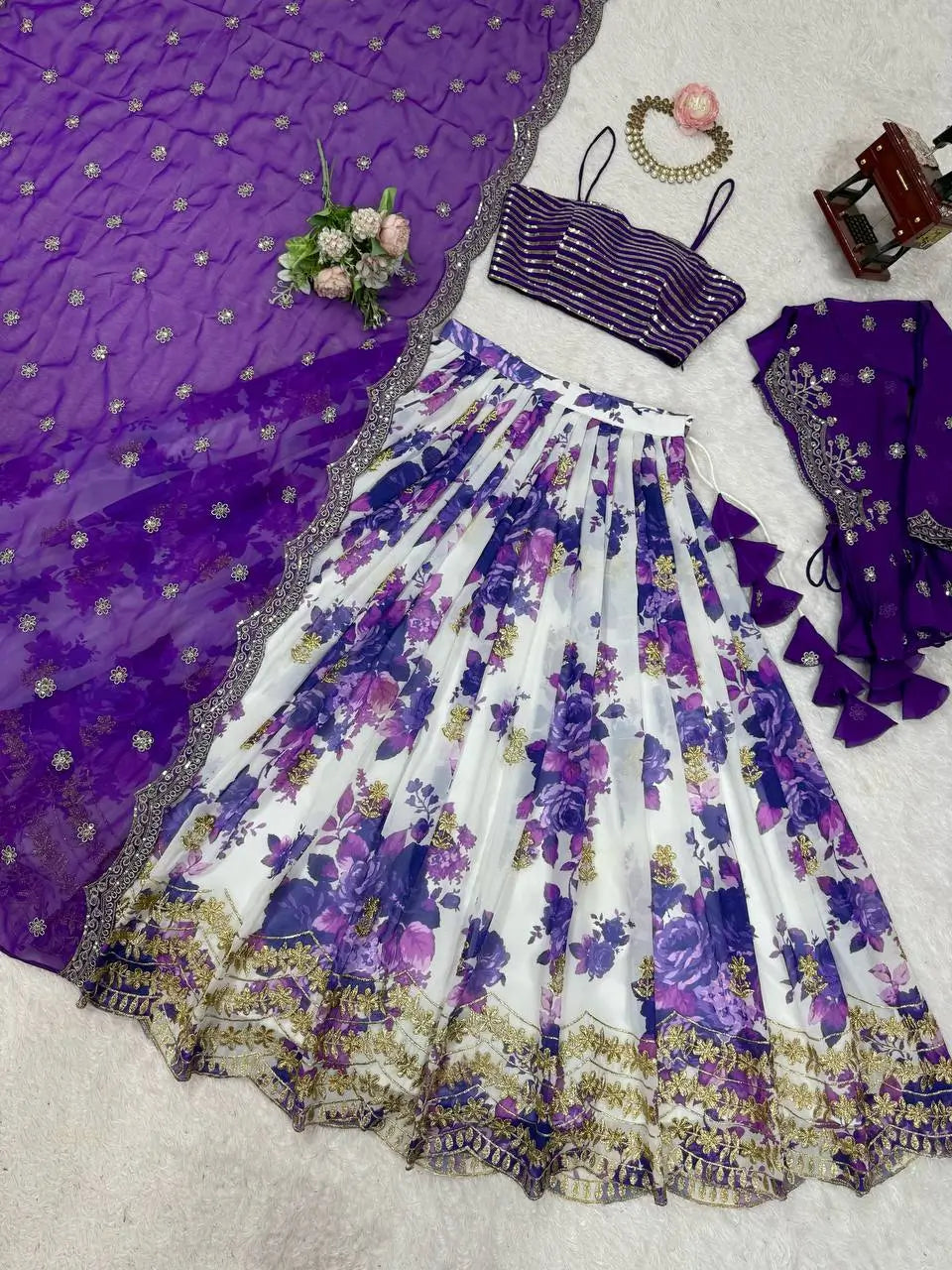 Faux Georgette Digital Print Embroidered Lehenga Choli Set