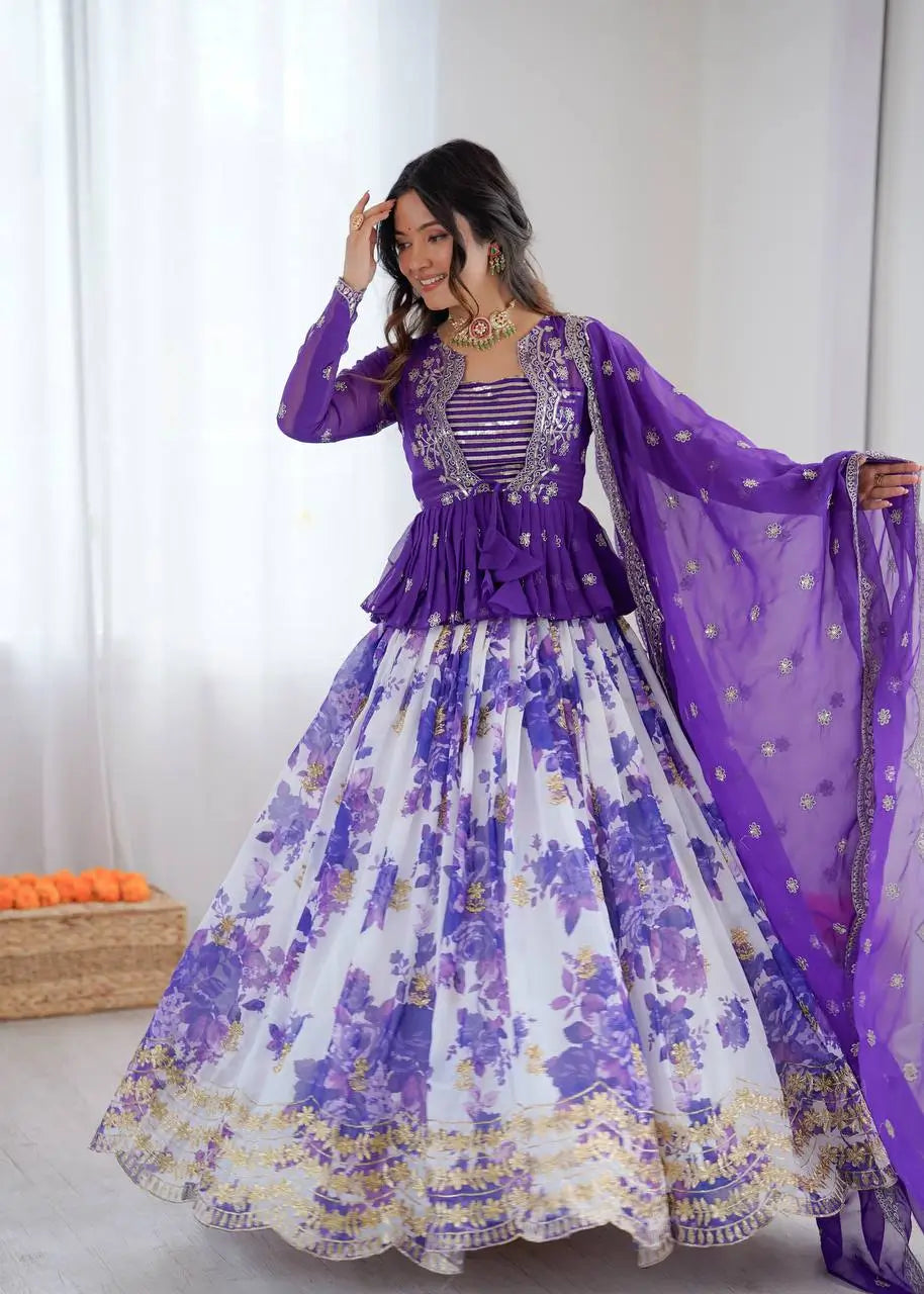 Faux Georgette Digital Print Embroidered Lehenga Choli Set