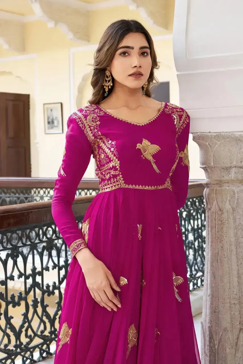 Faux Georgette Embroidered Gown Set with Pant & Dupatta