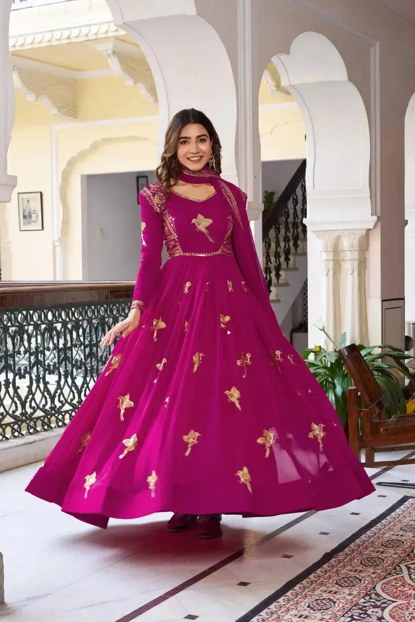 Faux Georgette Embroidered Gown Set with Pant & Dupatta