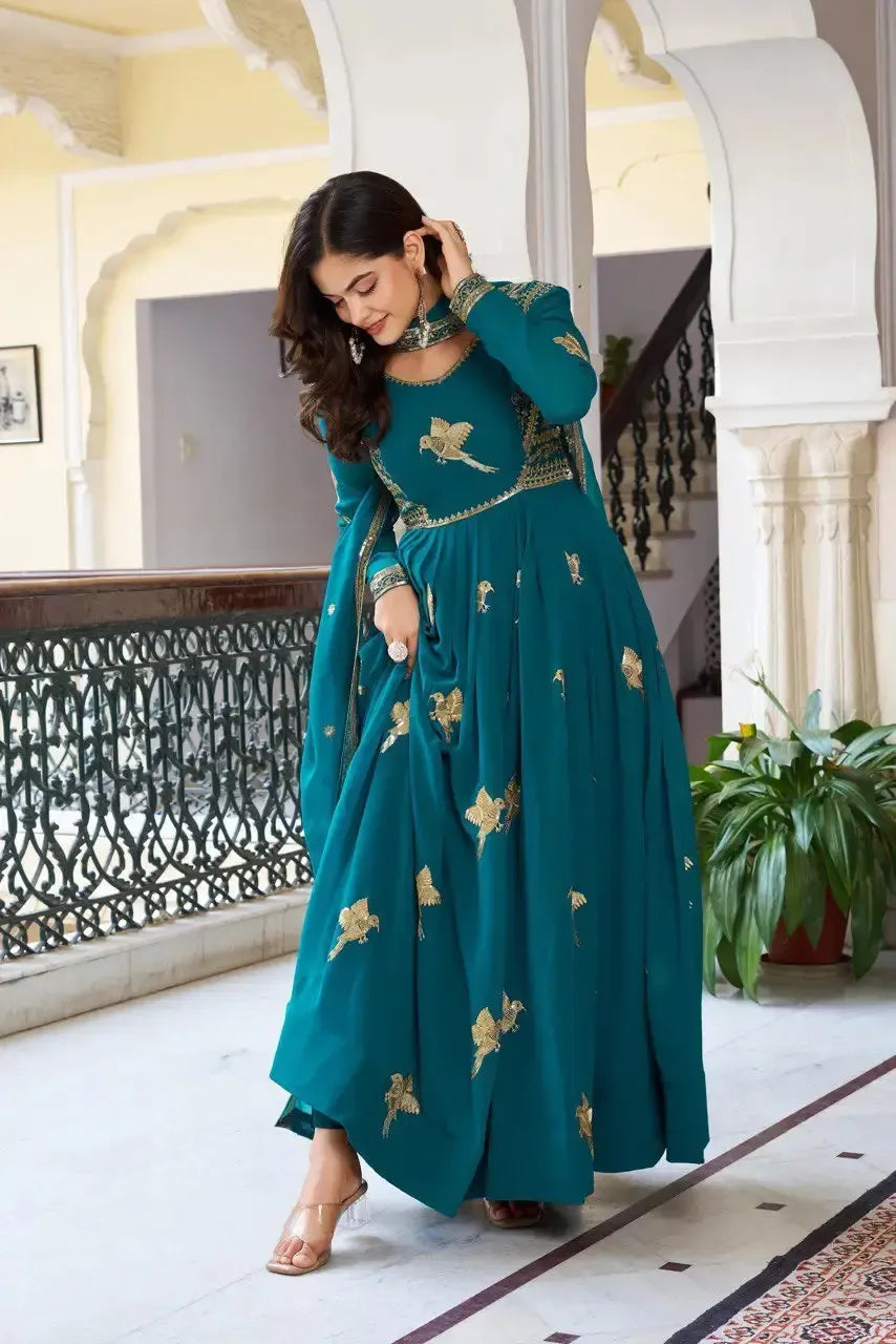 Faux Georgette Embroidered Gown Set with Pant & Dupatta