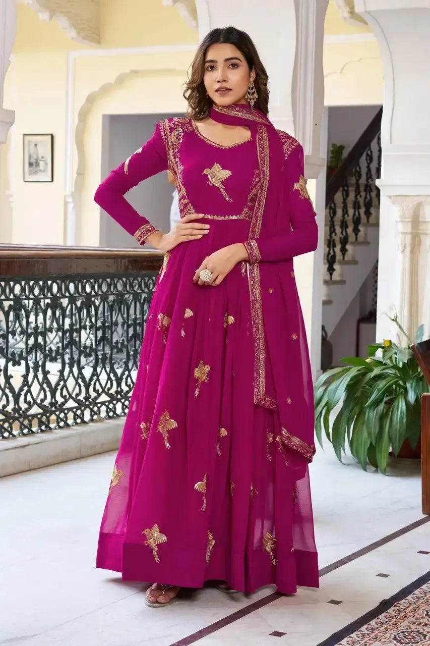 Faux Georgette Embroidered Gown Set with Pant & Dupatta