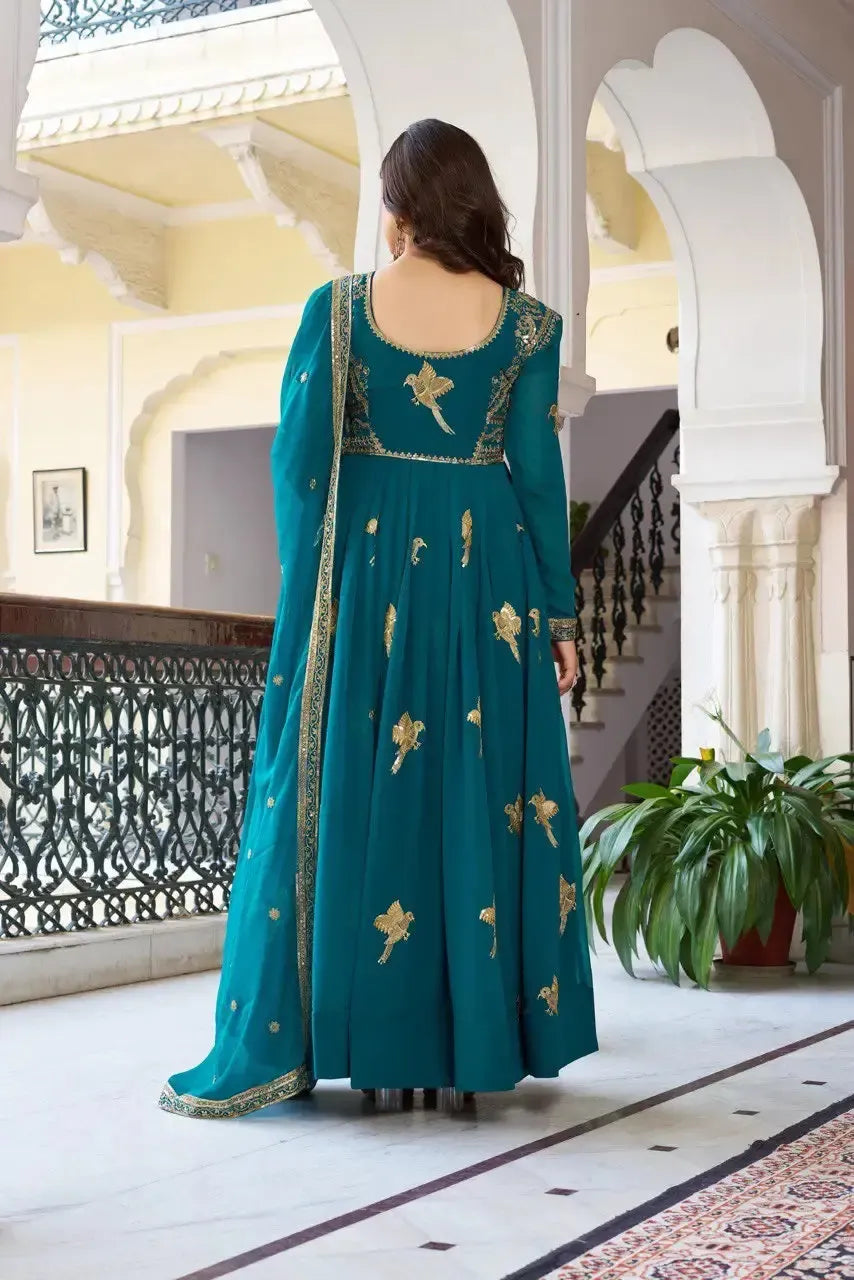 Faux Georgette Embroidered Gown Set with Pant & Dupatta