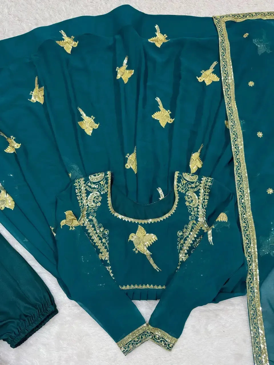 Faux Georgette Embroidered Gown Set with Pant & Dupatta