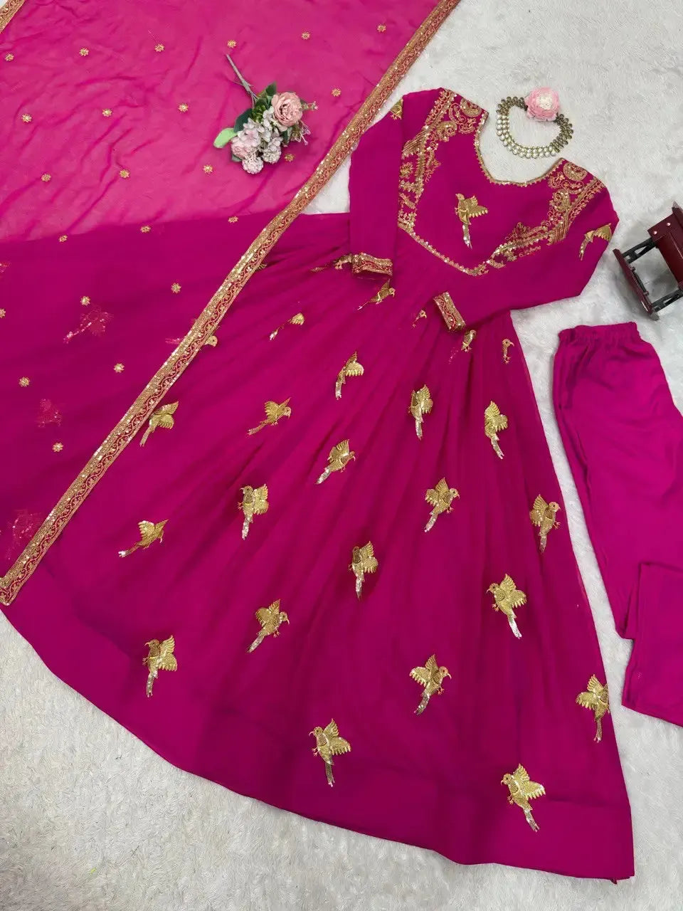 Faux Georgette Embroidered Gown Set with Pant & Dupatta