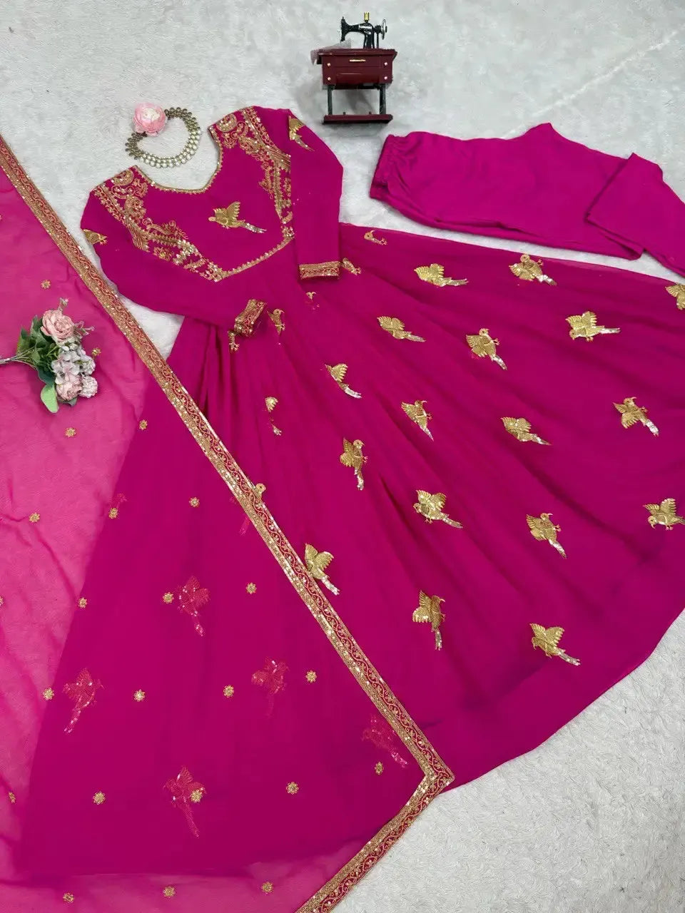 Faux Georgette Embroidered Gown Set with Pant & Dupatta