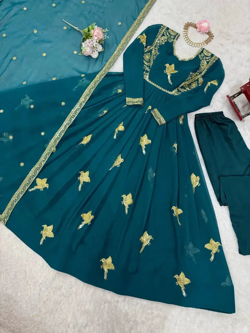 Faux Georgette Embroidered Gown Set with Pant & Dupatta