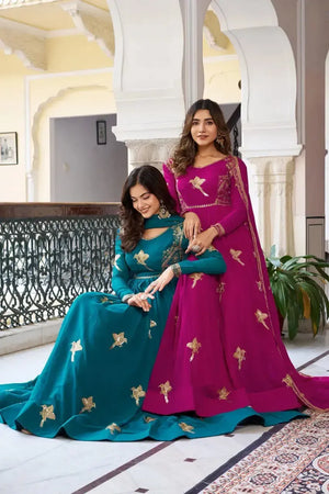 Faux Georgette Embroidered Gown Set with Pant & Dupatta