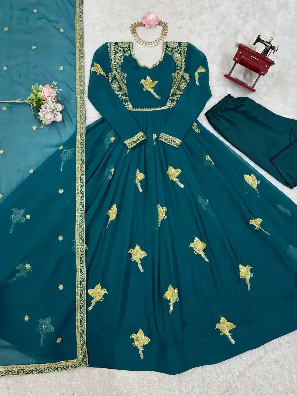 Faux Georgette Embroidered Gown Set with Pant & Dupatta